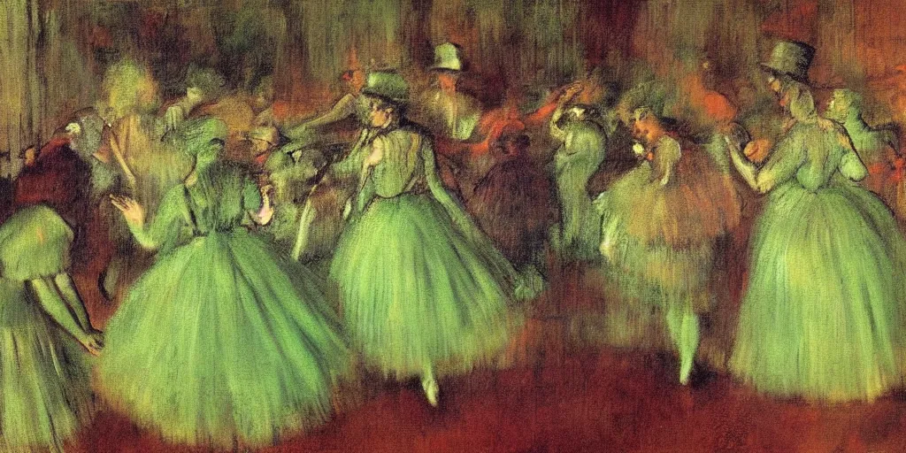 Prompt: tall terrifying green aliens sitting in a circle. in the victorian era. in the style of an impressionist painting. edgar degas