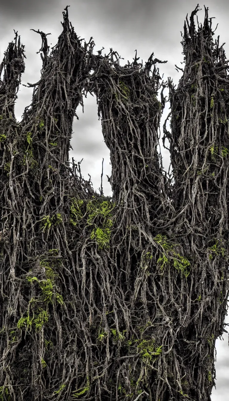 Prompt: a dark sky pierced by gnarly dark towers covered in teeth and moss