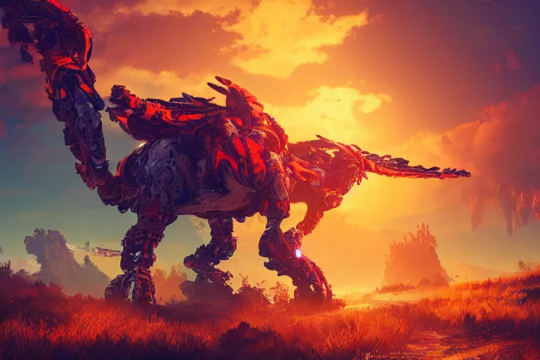 Image similar to fireclaw machine creature robot of horizon forbidden west horizon zero dawn radiating a glowing aura global illumination ray tracing hdr fanart arstation by ian pesty and alena aenami artworks in 4 k