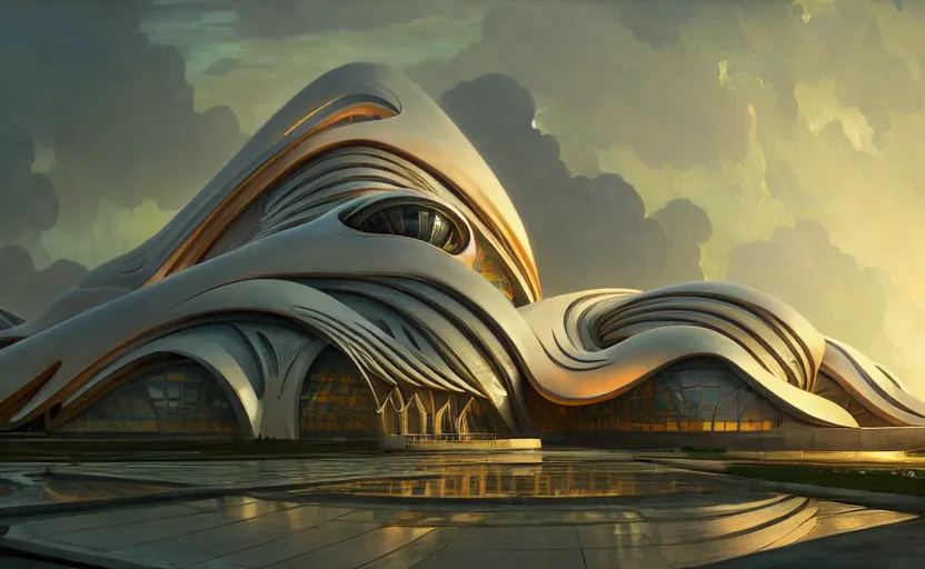 Image similar to exterior shot of utopian architecture building with cinematic lighting by zaha hadid and renzo piano, darek zabrocki and greg ruthkowski, alphonse mucha, simon stalenhag, cinematic, stars, beautiful, holy place, paradise, scifi, futurism, atmospheric, sunset, concept art, artstation, trending on artstation