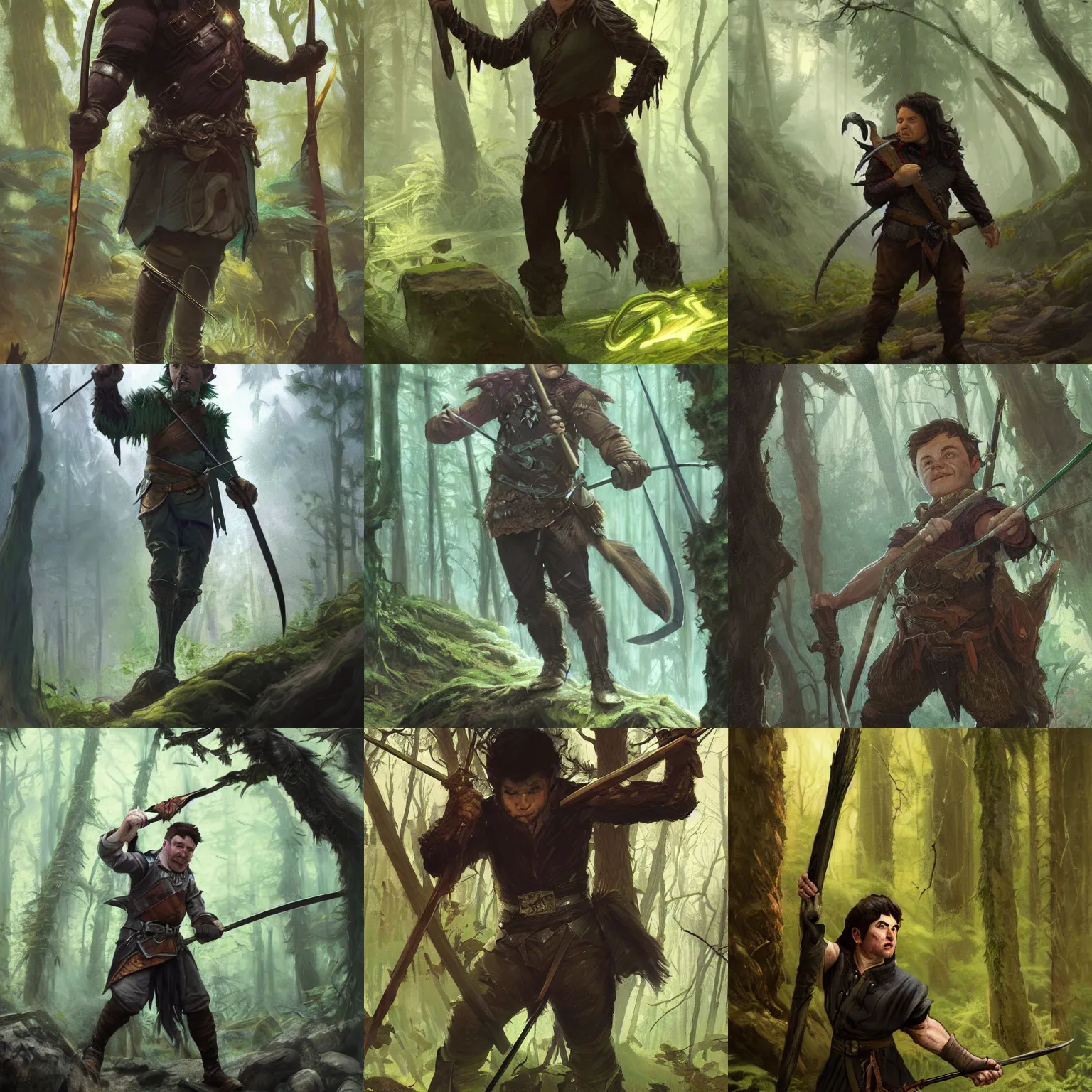 Prompt: half shot of an old halfling man with black spike hair, holding a powerful quarterstaff, in a forest, strong, d & d, fantasy, highly detailed, digital painting, artstation, concept art, character art, art by greg rutkowski and tyler jacobson and alphonse mucha