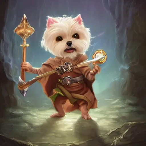 Image similar to cute little anthropomorphic one Maltese Terrier and one tabby cat, wielding a magic staff, tiny, small, short, Wizard robe, cute and adorable, pretty, beautiful, DnD character art portrait, matte fantasy painting, DeviantArt Artstation, by Jason Felix by Steve Argyle by Tyler Jacobson by Peter Mohrbacher, cinema