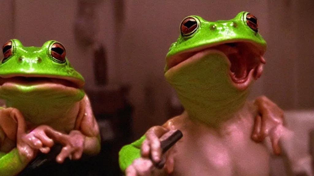 Prompt: a humanoid frog laughing maniacally and holding a knife, by Paul Oz and John Carpenter, movie still directed by Ridley Scott and cinematography by Ari Aster