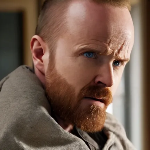 Image similar to Live Action Still of Aaron Paul dressed as Walter White, real life, hyperrealistic, ultra realistic, realistic, highly detailed, epic, HD quality, 8k resolution, body and headshot, film still