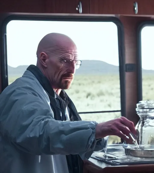 Image similar to film still of kim kardashian as walter white cooking meth inside an rv in the tv show breaking bad, full-shot, 4k