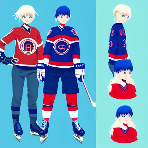 Image similar to cute anime girl ice hockey player, habs jersey, blue white and red color blocking, character concept exploration, ghost in the shell, outfit designs, trending on artstation, 8k