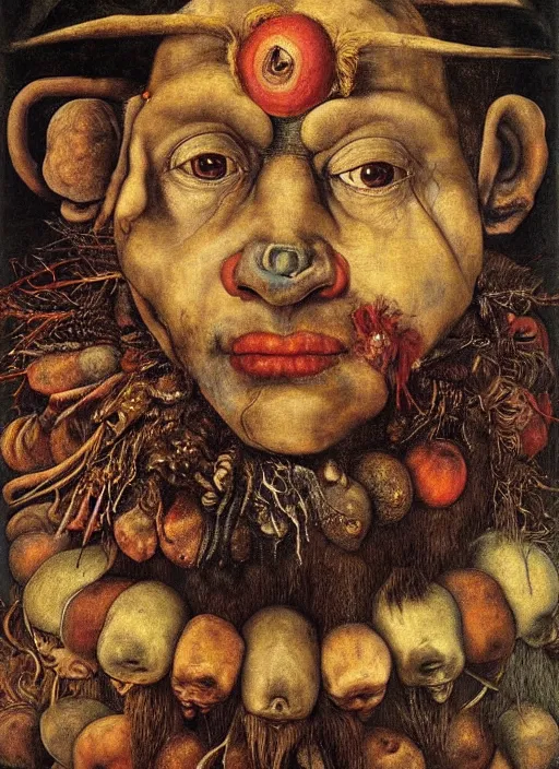 Image similar to a surreal painting of a shaman's face, by Giuseppe Arcimboldo, angels & demons, symbolist, soft colors, dramatic lighting, smooth, sharp focus, extremely detailed, aesthetically pleasing composition