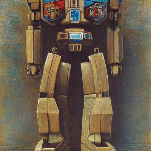 Image similar to “pre-Raphaelite painting of a voltron robot”