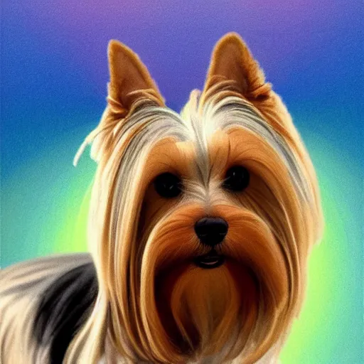 Image similar to Yorkshire Terrier under a rainbow in Santorini in the style of Lady with an Ermine, head and shoulders portrait, stormy weather, extremely detailed masterpiece, oil on canvas, low-key neon lighting, artstation, Blade Runner 2049, Roger Deakin’s cinematography, by J. C. Leyendecker and Peter Paul Rubens and Edward Hopper and Michael Sowa,
