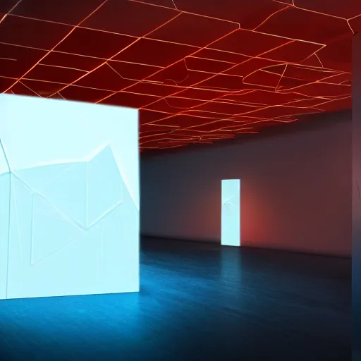 Prompt: Exhibiton with guests and terminals with several geometric shapes in endless dark cube with white contours. Realistic Concept Art photography