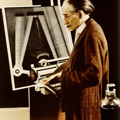 Image similar to Kodachrome portrait of Marcel Duchamp with an technologival machine, archival pigment print in the style of Hito Steyerl, studio shooting, contemporary art