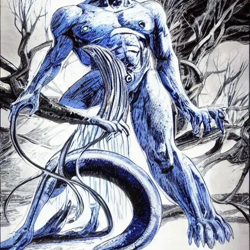 Image similar to blue by neal adams evocative, somber. a computer art of a large, looming creature with a long, snake body. many large, sharp teeth, & eyes glow. wrapped around a large tree, bent under the weight. small figure in foreground, a sword, dwarfed by the size of the creature.