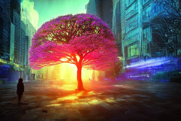 Image similar to Cybernetic tree of life in a city center, hyper real, 8k, colorful, 3D cinematic volumetric light, atmospheric light, studio ghibli inspired, fantasy LUT, high contrast, epic composition, sci-fi, dreamlike, surreal, angelic, by Moebius,