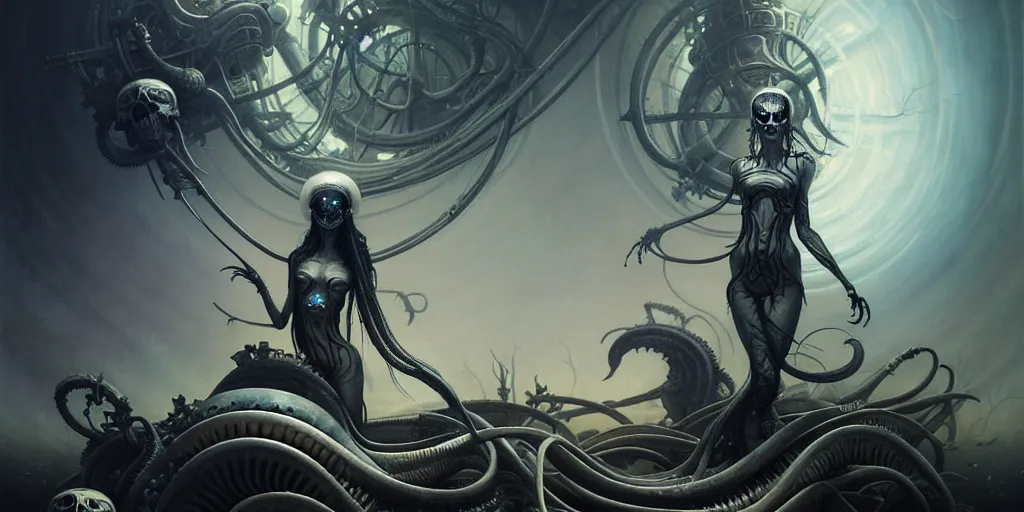 Image similar to shkkeled in the voied, by hr giger and cgsociety. stunning goddess of speed charlie bowater and tom bagshaw, insanely detailed, artstation, space art. atoms surrounded by skulls and spirits deep under the sea, horror, sci - fi, surrealist painting, by peter mohrbacher anato finnstark