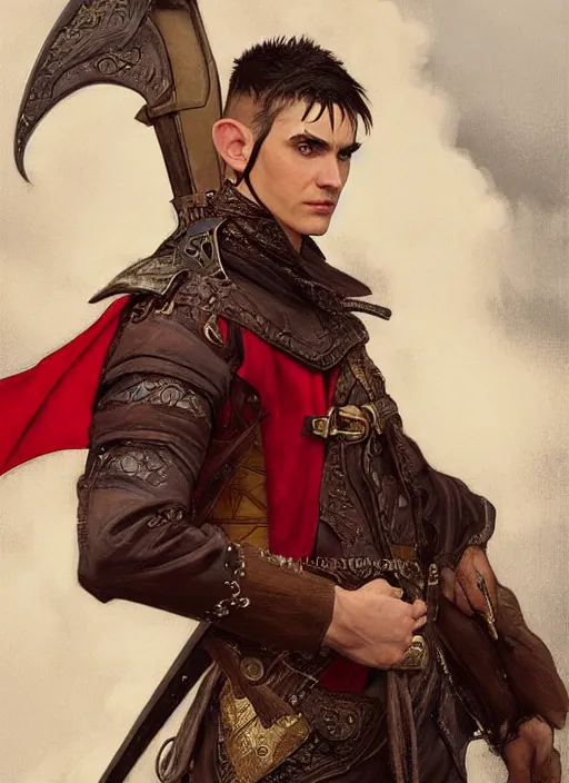 Prompt: medium-length portrait of a male half-elf dashing swashbuckler with a mohawk and brown eyes, fair skin, cocky expression, wears a ostentatious bright red longcoat, medieval setting, highly detailed, digital painting, artstation, concept art, sharp focus, illustration, art by greg rutkowski and alphonse mucha