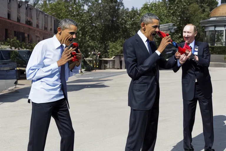 Image similar to barrack Obama and Vladimir Putin holding water guns to each other’s heads while smiling and crying, 8K New York Times Photography TMZ