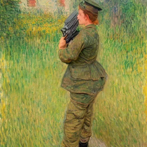 Image similar to a female soldier holding a a staple gun to her own head and looking depressed by monet