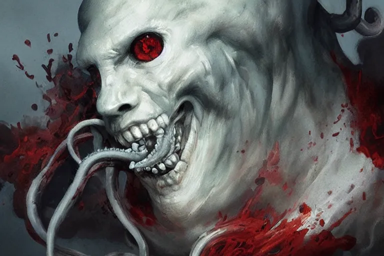 Image similar to painting by greg rutkowski of a flying human head and face that is chalk white in color, with tentacles coming of the neck, red eyes, flying in a terrying hell like cavernous place