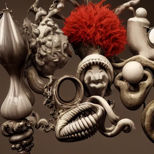 Image similar to a close up of a bunch of different items, an ambient occlusion render by alberto seveso, zbrush central, vanitas, lovecraftian, biomorphic, rendered in cinema 4 d