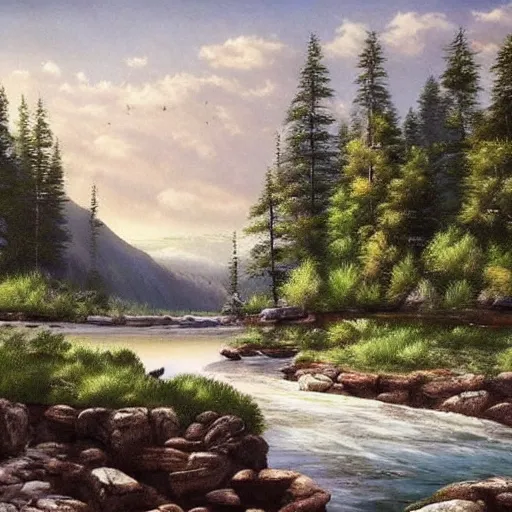 Image similar to a beautiful landscape, river, rocks, trees, intricate, elegant, highly detailed