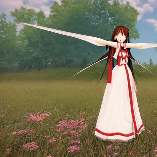 Image similar to yuuki asuna in her wedding dress on a vast field, extremely long hair, unreal engine