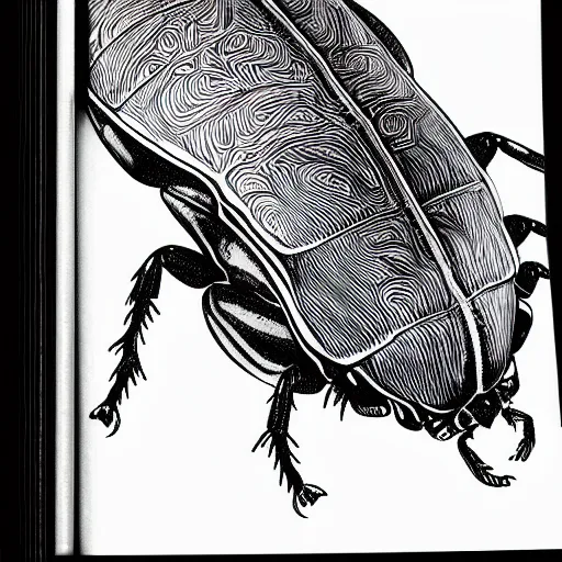 Image similar to beetle, black and white, botanical illustration, black ink on white paper, bold lines