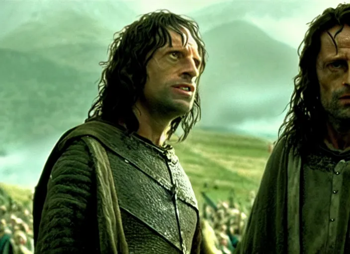 Image similar to film still of bernie sanders as aragorn in lord of the rings movie, 8 k