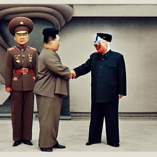 Image similar to photograph of kim jong - un, and joseph stalin, shaking hands with each other in pyongyang, 8 k, very detailed, very intricate, colored,