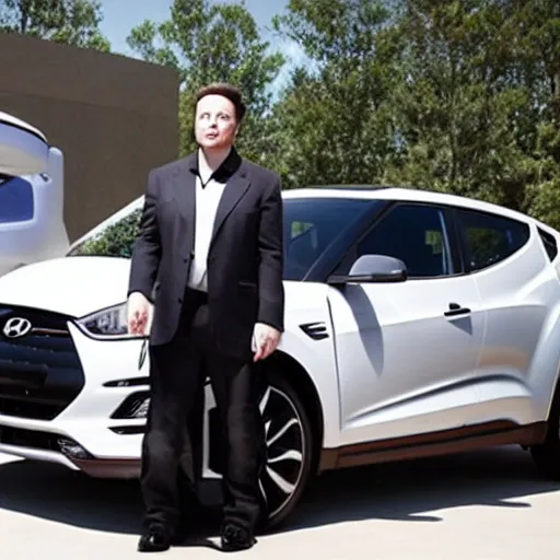 Prompt: elon musk standing next to a hyundai veloster