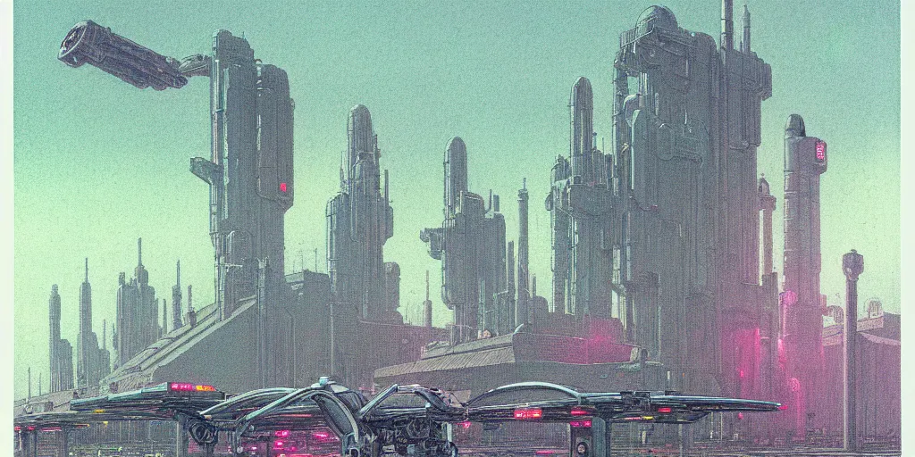 Prompt: grainy risograph matte painting of gigantic huge mech covered with rocket launchers, gattaca, pastel matte colors, staying in the foggy huge parking station, by moebius, hyperrealism, intricate detailed