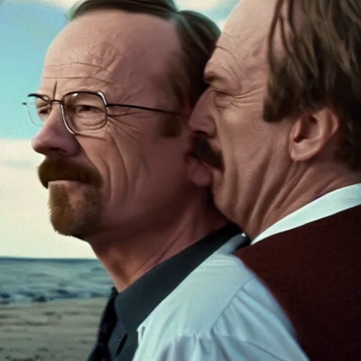 Image similar to Walter White hugging Saul Goodman on the beach, artistic, 8k, cinematic
