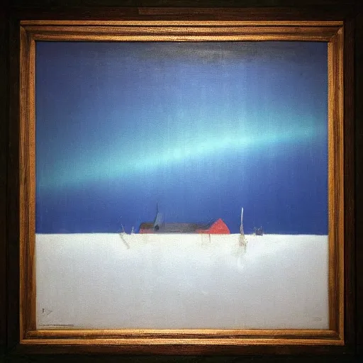 Image similar to the epic abstract painting'blue arctic void with black and red aurora borealis above a tiny inuit village ', by caspar david friedrich!!!, by rothko!!!, stunning masterpiece, trending on artstation