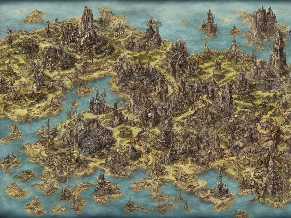 Image similar to an isometric disney dark fantasy map of a continent bordered by ocean by brian froud and hr giger