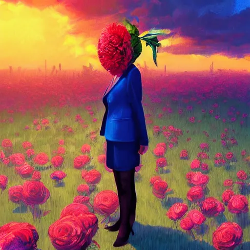 Prompt: closeup, huge rose flower head, frontal, girl in a suit, surreal photography, sunrise, blue sky, dramatic light, impressionist painting, digital painting, artstation, simon stalenhag