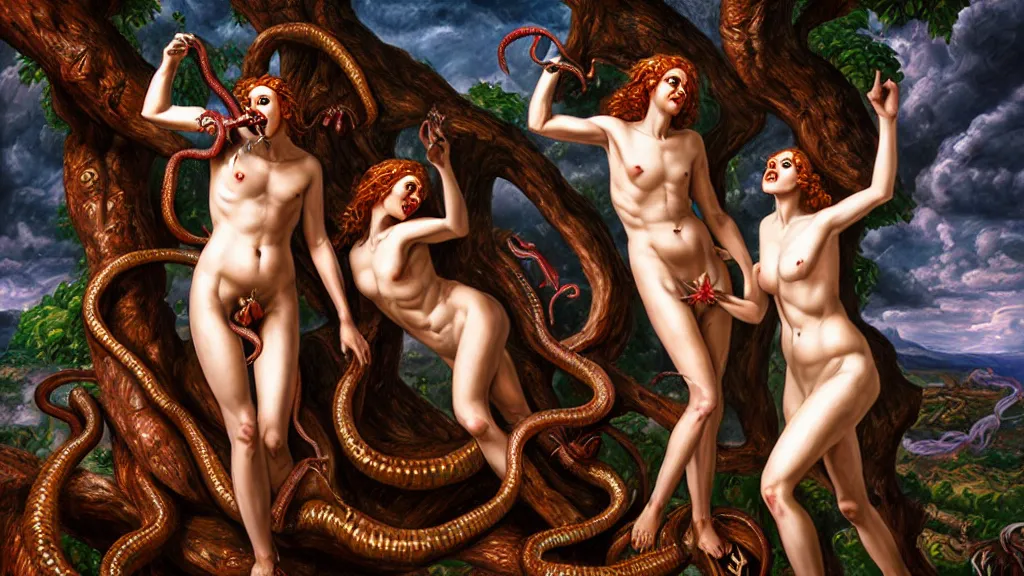 Image similar to Adam and eve with a screaming worm monster, maximalist, high detail, 8k, ornate, dark fantasy, realistic, masterpiece, complex, WLOP, wide angle