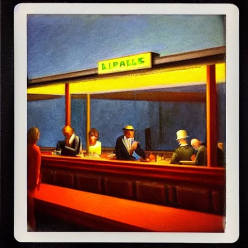 Prompt: a polaroid photo of people at a diner, Edward Hopper style, Nighthawks, detailed, hq, lens flare