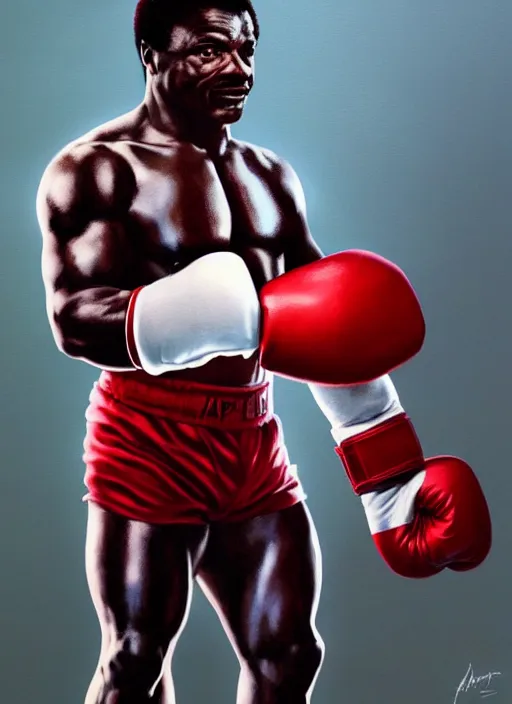 Prompt: Portrait of Apollo Creed with red boxing gloves made of titanium, He is shirtless standing next to captain america, realistic, detailed, 4k by Greg Rutkowski Mark Arian trending on artstation