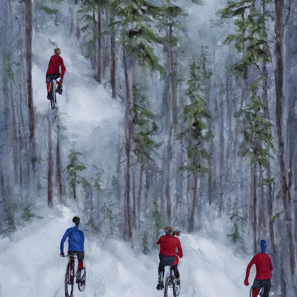 Image similar to Two men biking up a steep forest hill with a deep dark blue sweater and a wine red sweater. sweaty. Oil painting. Emotional. Trending on artstation. Steep. Nordic Trees. Rustic. Artistic.