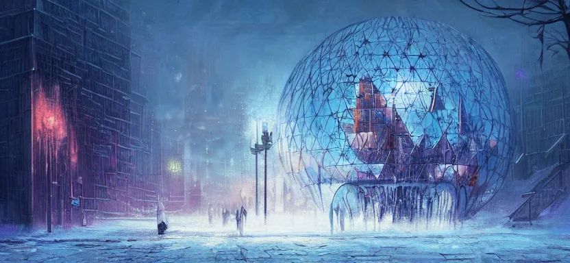 Image similar to beautiful masterpiece painting of a dystopian city trapped inside a snow globe, grunge cyberpunk, by Remedios Varo and Anato Finnstark and Greg Rutkowski, artgerm, 8k,