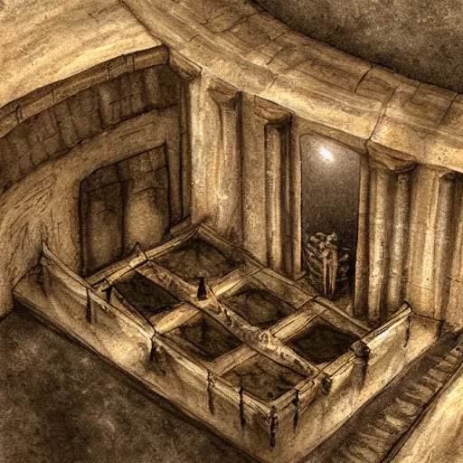 Image similar to vast underground cavernous necropolis with a candle illuminating it, digital painting, dimmed lighting, brown tint, gloomy, photorealistic