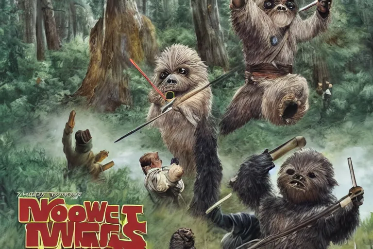 Image similar to ewoks rioting in front of a government building!!!, flaming torches and pitchforks