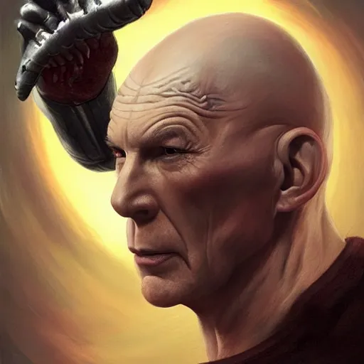 Prompt: Jean Luc Picard violently murdering an alien from Star Trek with his bare hands covered in blood, bludgeoned dead alien on the floor , highly detailed, digital painting, artstation, concept art, smooth, sharp focus, illustration by Artgerm and Greg Rutkowski and Tom Bagshaw