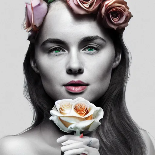 Prompt: meredit frampton, tom bashow style hight focus of a wonderful realistic sweet wonderful symmetrical portrait of a lady with a clear skin made of roses, she is eating a realistic white rose, dramatic light, cinematic, artstation, octane render 8 k s 1
