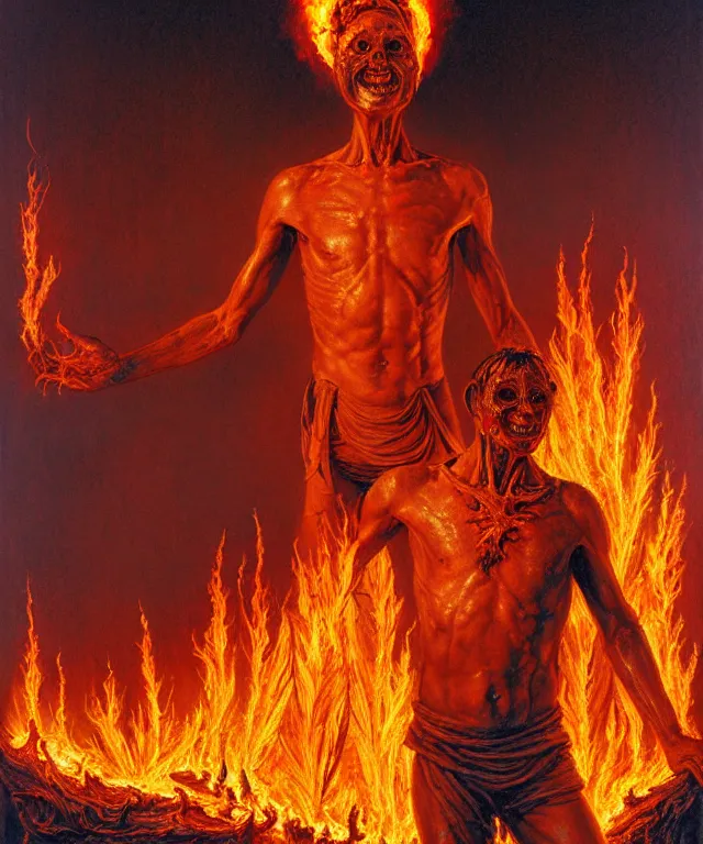 Prompt: a burning suffering man hovering above the ground, completely consisting of fire, no facial, bodie, limbs features can be seen. a fullbody highly detailed portrait, concept art, masterpiece, cinematic, flames, fantasy art, hyperdetailed, photorealistic, hyperrealism, art by tim hildebrandt, donato giancola, larry elmore