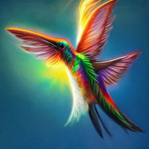 Image similar to cute flying hummingbird phoenix, embers surrounding her wings, shining rainbow feathers, smooth features, on fire, highly stylized, digital painting, artstation, concept art, smooth, soft focus, beautiful rainbow colors, illustration, hummingbird phoenix art by Artgerm and greg rutkowski