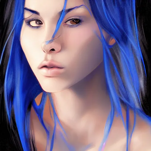 Prompt: a stunning upper body portrait of a beautiful woman with black hair with a blue tint blowing in the wind by marvel comics, digital art, trending on artstation