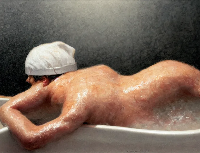 Image similar to jerma 9 8 5 cooking mince meat in a bath tub, back view, cottage core, cinematic focus, polaroid photo bleached vintage pastel colors high - key lighting, soft lights, foggy, by steve hanks, by lisa yuskavage, by serov valentin, by tarkovsky, 8 k render, detailed, oil on canvas