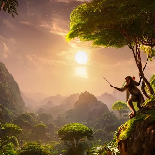 Image similar to monkey in jungle, beautiful dynamic lighting, cinematic, wide angle establishing shot, extremely high detail, photo realistic, cinematic lighting, post processed, concept art, artstation, matte painting, style by frederic church, raphael lacoste, unreal engine 8k