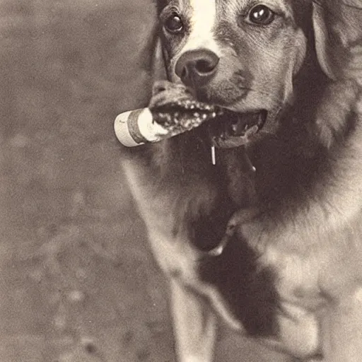 Prompt: photograph of a dog holding a cigarette in its mouth, smoking