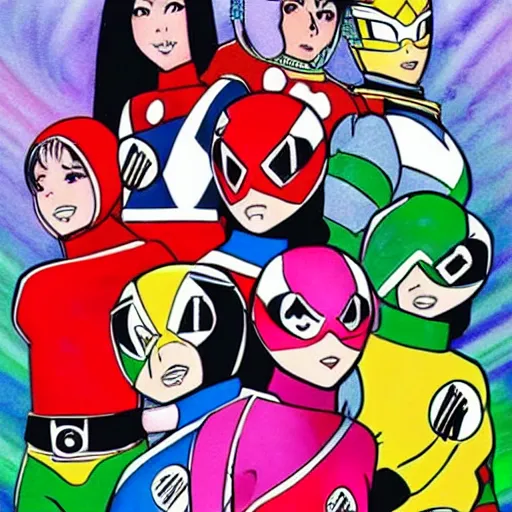 Image similar to Mighty Morphin Power Rangers as illustrated by Naoko Takeuchi. 1993.